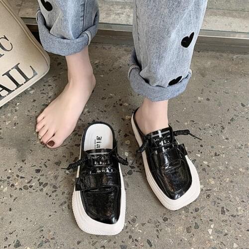 Female Shoes Loafers Mules For Women 2021 Ladies' Slippers Square Toe Med New Cover Flat Slides Rubber Cross-tied PU Female Shoe