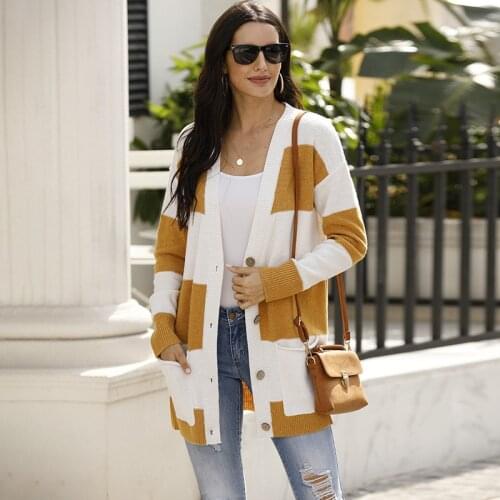 Womens Sweater Cardigan Female Coat Winter Casual Sweater Womens Striped Color Matching Single-breasted Pocket Cardigan Women