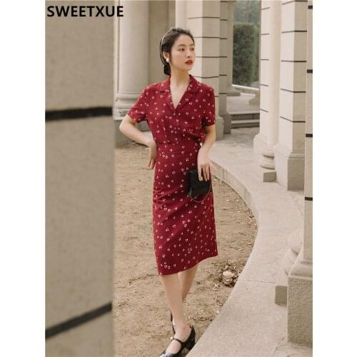 SWEETXUE 2021 Summer Fashion Female Vintage Chic V-neck Printed Shirt Tops + Red Skirt Korean Outfits Lady Elegant 2 Piece Suits