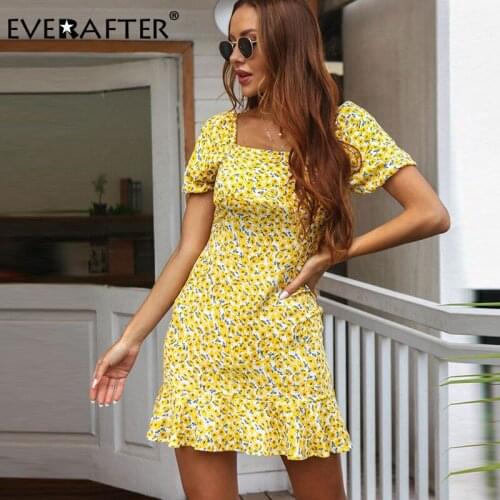 EVERAFTER Square Collar Yellow Short Dress Women Puff Sleeve Holiday Style Floral Print Ruffles Elegant Summer Mini Dress Female