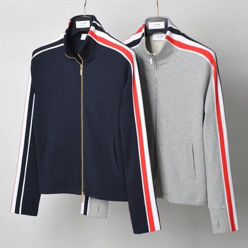 2021 Fashion Brand TB THOM Spring Clothing Slim Cotton Stand Collar Jacket Men Women Sweatshirts Striped Sleeves Casual Coat