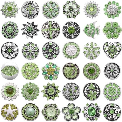 5pcs/lot Hot Sale Snap Button Jewelry Green Crystal Rhinestone Flower Heart Metal 18mm Snap Buttons Fit DIY Snap Bracelet