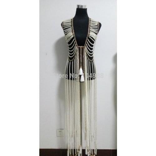 FREE SHIPPING NEW STYLE B731 Women Rock Gold colour Chains Imitation Pearls Beads LOnger Dress Chains Jewelry