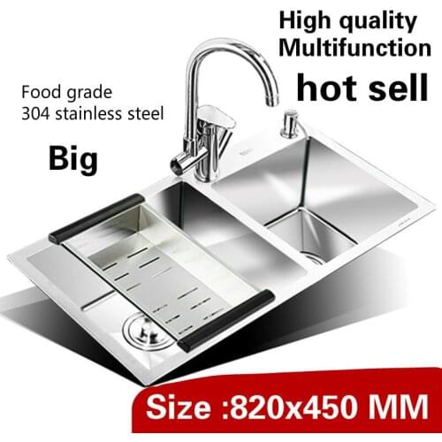 Free shipping Luxury kitchen manual sink double groove big multifunction wash vegetables 304 stainless steel 820x450 MM