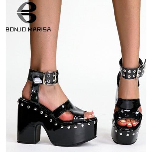 BONJOMARISA Laides Cool Street Punk Peep Toe Platform Chunky Heel Summer Sandals 2021 Fashion Trendy Gothic Rivet Party Shoes