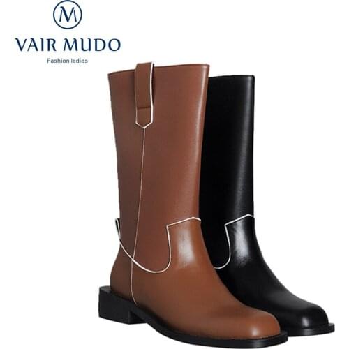 VAIR MUDO Mid-Calf Boot Shoes Thick Heels Round Toe Black Brown Genuine Leather Elegant Concise Sewing Round Toe Boots WM-X170-C