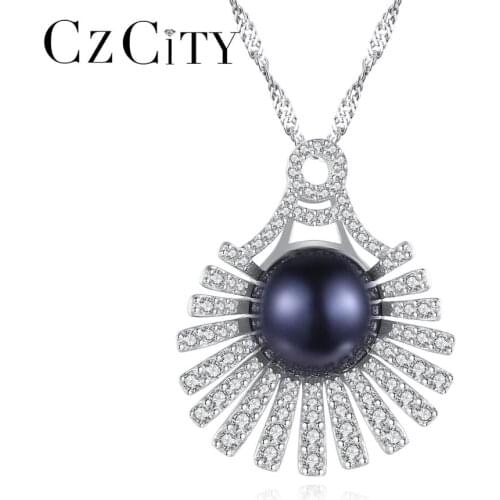 CZCITY Flower Shape Pendant Necklace for Women Natural Pearls Sterling 925 Silver Fine Jewelry Dating Christmas Gifts FN-0268