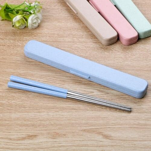 Chinese Chopsticks Portable Travel Chopsticks with Storage Box Food Sticks 304 Stainless Steel Wheat Straw 1 Pair