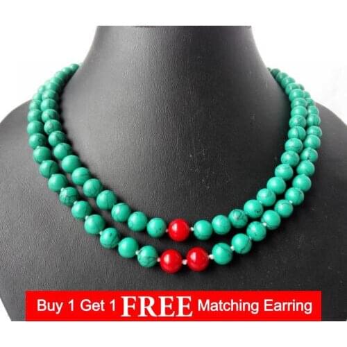 2 strands Round Blue Turquoises Red Coral Necklace 17"