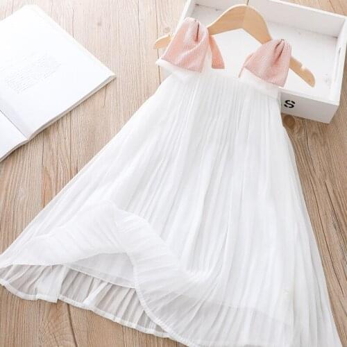 Summer Girls Wedding Dress Chiffon Pleated Dresses bow strap sleeveless 7years clothes girls childrens evening dress 2021 white
