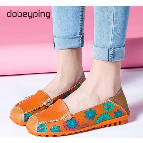 Spring Autumn Womens Loafers Printing Flower Genuine Leather Woman Flats Shoe Slip On Female Moccasins Shoes Large Size 35-44
