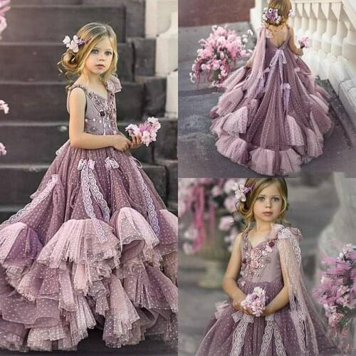 Cute Flower Girl Dresses Lace For Wed 3D Floral Applique V Neck Tiered Skirts Girls Pageant Dress Floor Length Kids Birthday Par