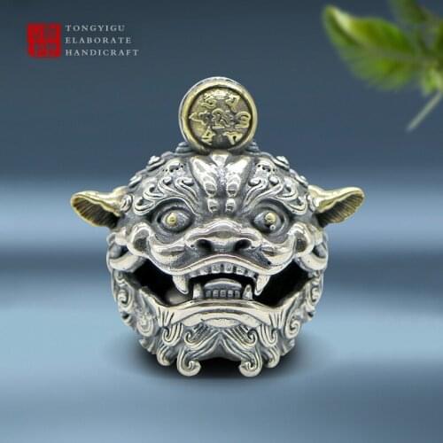 Fine silver Lion head Miniature Figurines Retro Copper Animal Tea Pet Desktop Ornament Decor Crafts Keychain Pendants