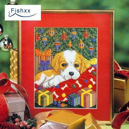 2018 Fishxx new cross stitch suite European magazine Crazy28-1 Christmas and dog white cloth accurate printing