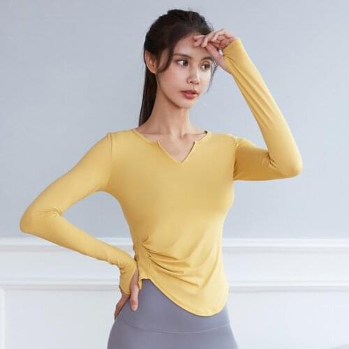 New Women Slim Gym Yoga Shirts V-neck Sports Running T-shirt Long Sleeve Fitness Training Workout Sportswear Tops Side Folds