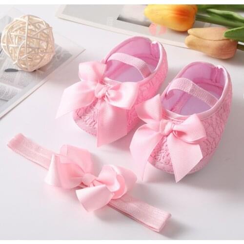 Baby Girls Shoes Princess Lace Bow Prewalkers Bow Headband+ Cotton Soft Bottom First Walker Toddle Infant Kid Shoes