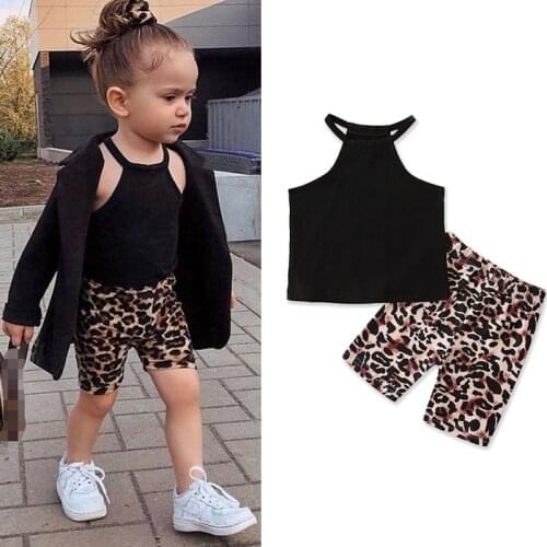 1-5 Years Infant Girls Summer Outfits Baby Girls Sleeveless Solid Color Halter Tank Tops Leopard Print Shorts Suits Girls Sets