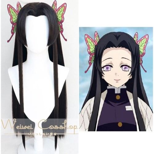 Anime Demon Slayer Kimetsu no Yaiba Kochou Kanae Cosplay Wig Long Black Heat Resistant Synthetic Hair Wigs + Wig Cap
