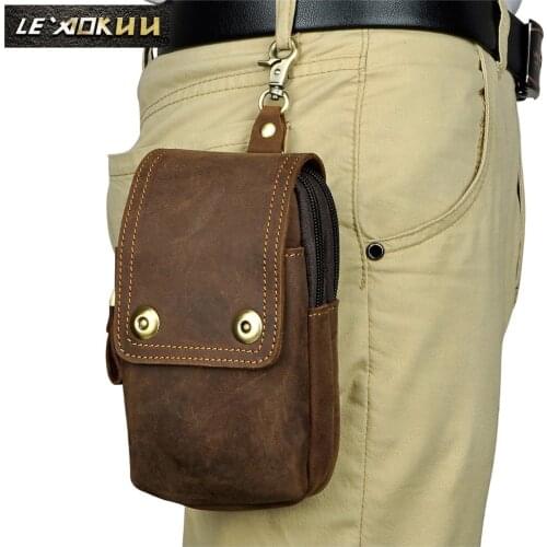 Real Leather men Casual Design Small Waist Bag Pouch Cowhide Fashion Hook Waist Belt Pack Cigarette Case Phone Pouch 011