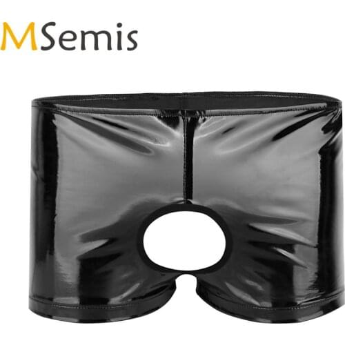 Hot Mens Boxer Briefs Underwear Shiny Patent Leather Sissy Open Butt Panties with Front Hole Male Gay Crotchless Trunks Knickers