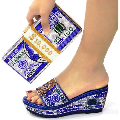 2021 Royal Blue Wedge High Heel Shoes And Purse Bag Set Ladies Pumps Matching With Handbag Slippers Sac CR191 Heel Height 7.5Cm