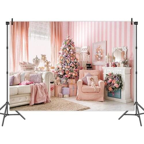 Happy Christmas Girl Pink Cabin Backdrop Family Festival Party Room Decorative Child Photography Photo Background Vinyl Banner