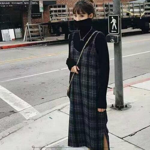 Women Sets Autumn Plus Size 3XL Turtleneck Solid T-shirts Plaid Mid-calf Sleeveless Dress Vintage Casual Streetwear Chic Fashion