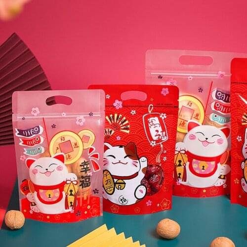 100pcs High quality cartoon lucky cat nougat snowflake crisp seal bag dried fruit plastic bag zipper packaging tote bags