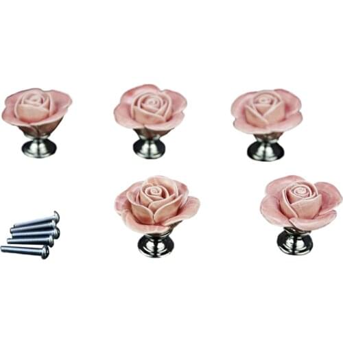 5 x Pink Door Furniture Ceramic Handle Antique Button Screws Included Elegant Design Rose shaped
