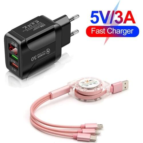 2 USB Fast Charger Quick Charge 3.0 Universal Wall Mobile Phone Charger LED Display For Mobile Phone With Charging Cable 3 In 1