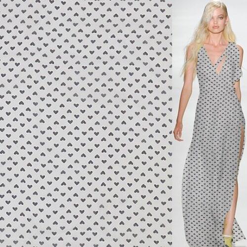 Black love heart print on white silk crinkle georgette gauze silk fabric,SCG525