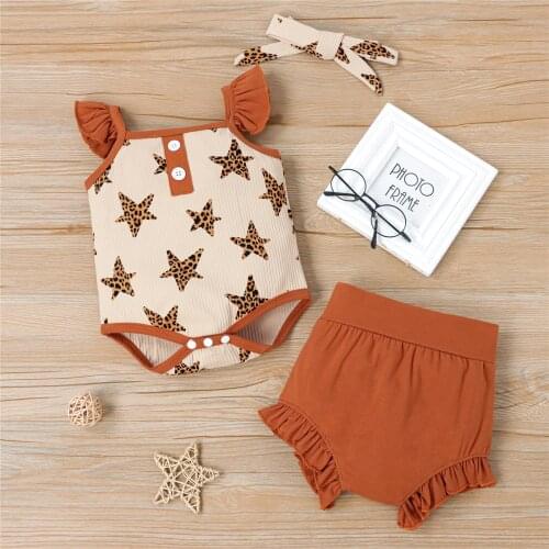 Newborn Baby Boys Girls Summer Knitted Ruffles Fly Sleeve Printed Romper + Shorts + Headband Kids Ruffle Infant Clothing