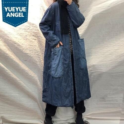 Streetwear Women Long Denim Coat Autumn Winter New Loose Fit Vintage Big Pocket Cowgirl Jacket Female O-Neck Oversize Outwear