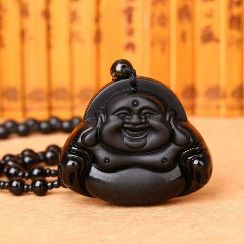 Maitreya Buddha necklace/obsidian amulet/Lucky stone pendant plus necklace for healing