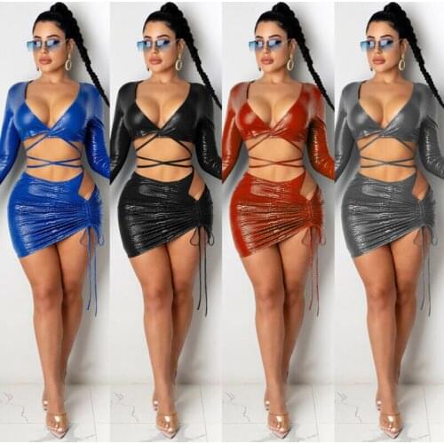 Fashion Nightclub Bandage Womens Mini Crop Top Skirt Two Pieces Set Party Dress