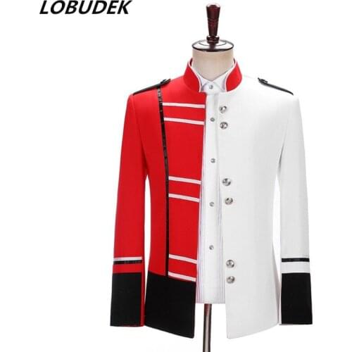 Mens Red White Stand Collar Blazers Court Dress Singer Military Uniform Stage Costume Bar Male Host Performance Slim Coat