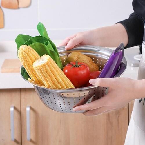 Stainless Steel Holes Washing Cleaning Rice Sieve Strainer Fruits Vegetable Drain Bowl Strainer Multipurpose Kitchen Supplies