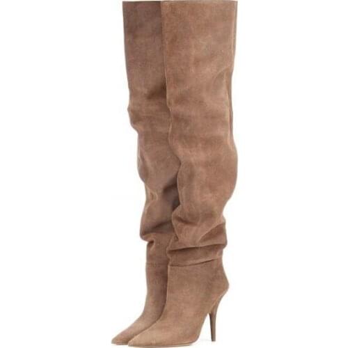 Drop Shipping Spring New Brand Women Solid Khaki Pointed Toe Slip On Fold Loose Stiletto Heels Over The Knee Thigh Long Boots