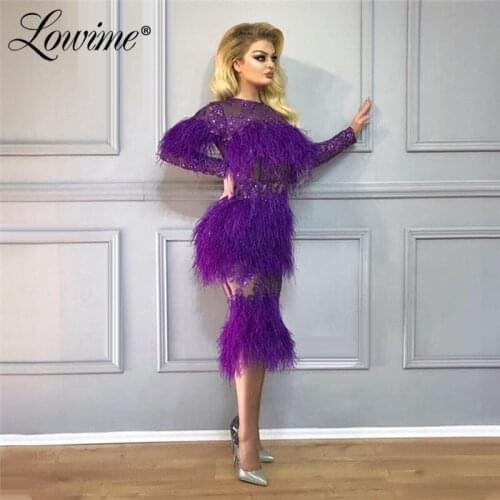 Illusion 2020 Luxury Purple Feathers Beaded Short Evening Dress Long Sleeves Formal Prom Dress Robe De Soiree Aibye Saudi Arabia