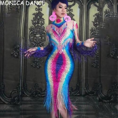 Sexy Stage Vintage Tassel Bodycon Dress Party Cocktail Women Rhinestone Birthday Festival Dress Singer Dancer Stage Costumes