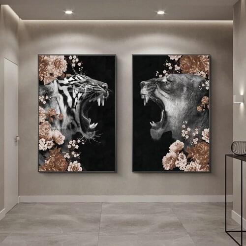 Among The Flowers Male Tiger and Tigress Animal Posters for Living Room Corridor Print Canvas Painting Color Bedroom Decor Mural