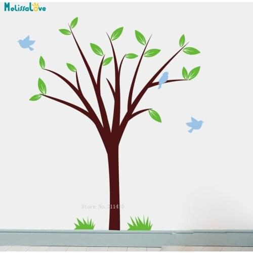 Nursery Wall Sticker Tree With Flying Birds And Grass Decals Childrens Tree Kids Bedroom Stencil Vinyl Murals YT5000