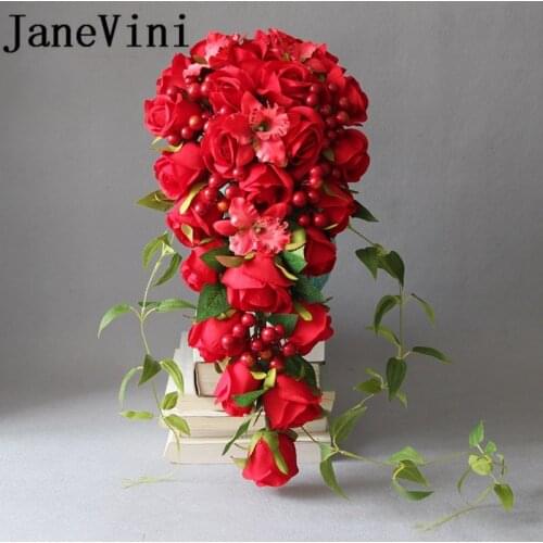 JaneVini 2018 Silk Red Waterfall Bridal Bouquets for Wedding Handmade Rose Flowers Bridal Bouquets Cascading Bouquet De Mariage