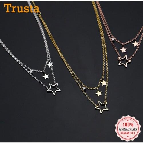 TrustDavis Real 925 Sterling Silver Fashion Double Chain Star CZ Choker Necklace For Women Wedding Valentines Day Jewelry DB290