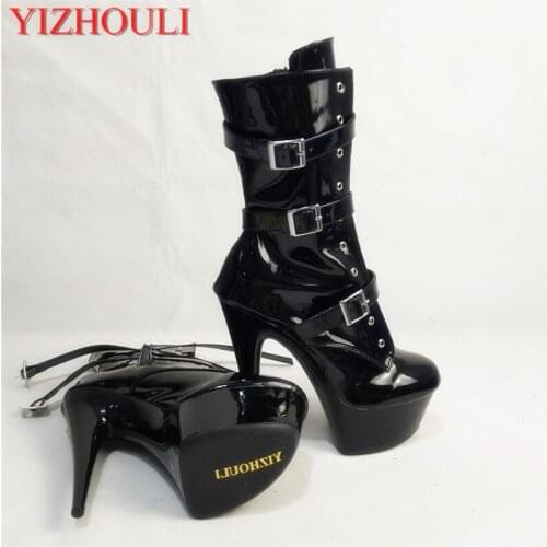 2018 fashion womens sexy black PU leather buckle-strap high heel platform pumps shoes ankle 15cm ladies boots