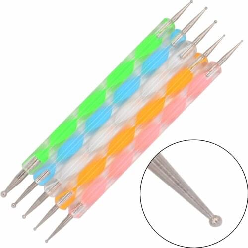 WUF 5Pcs/Pack Professional Nail Art Tool 2 ways Swirl Marbleizing Steel Dotting Pen 19