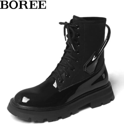 Ankle Boots Women PU Leather Shoes Autumn British Martin Boots Chunky Heels Black Platform Boots Round Toe Lace Up Female Shoes