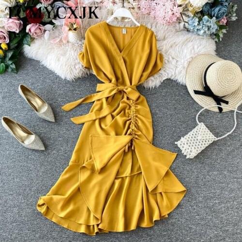 French Sexy V-Neck Asymmetrical Summer Dresses Ladies 2021 Ruched Slim Green Fairy Dress Vintage Red Prom Elegant Party Dresses