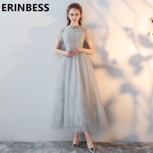 Vestido De Festa A Line Silver Prom Dresses Scoop Neck Short Sleeve Tulle Ankle Length Women Formal Party Gowns