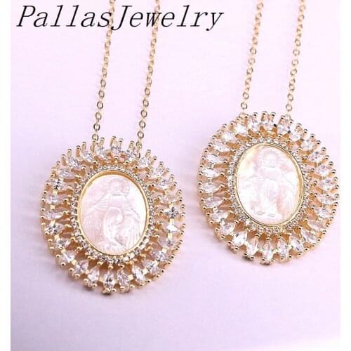 5Pcs Micro Pave Clear CZ Oval Shaped Shell Necklace Virgin Mary Pendant Necklace Religious JEWELRY Gift
